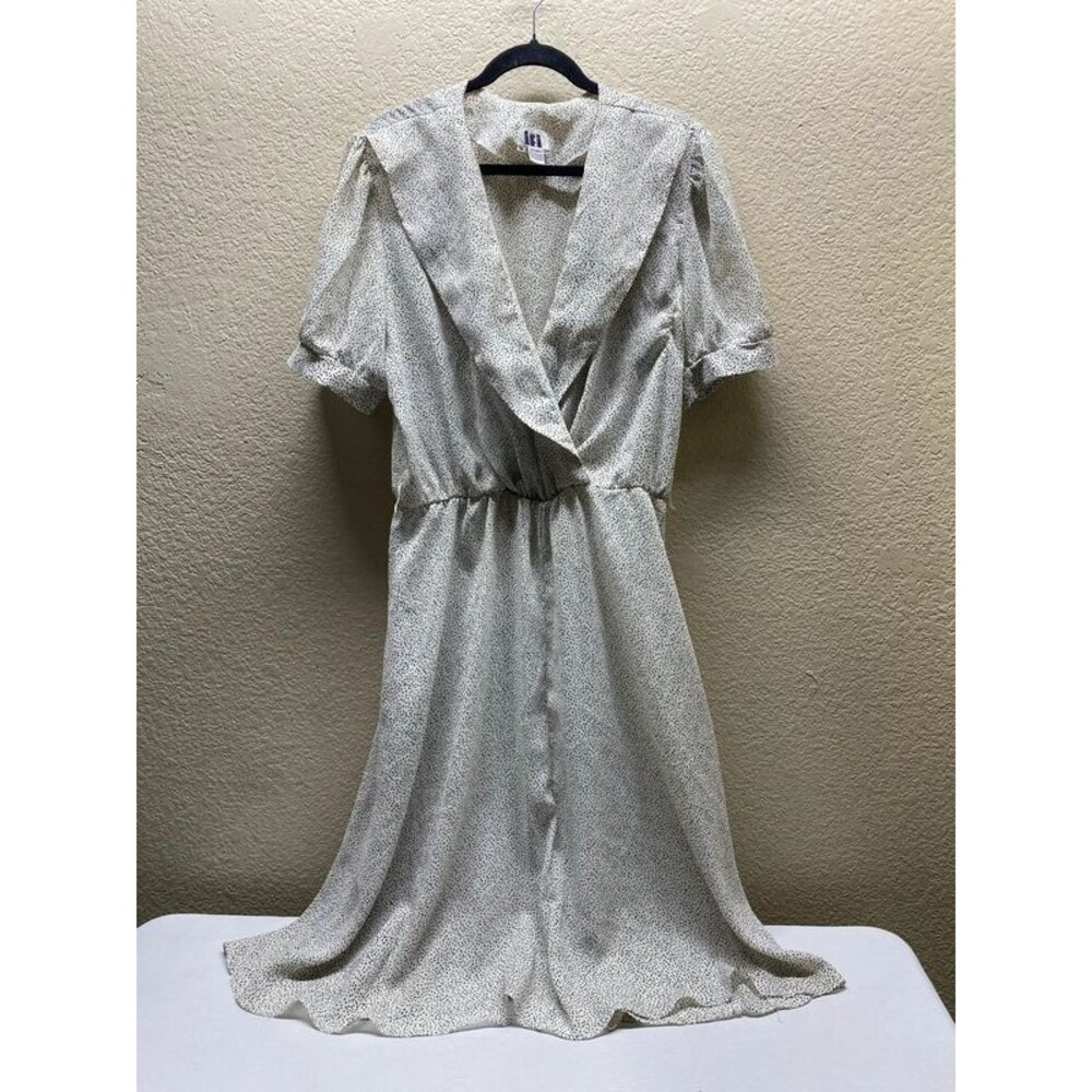 vintage-style size 16 cream and black speckled faux-wrap midi dress